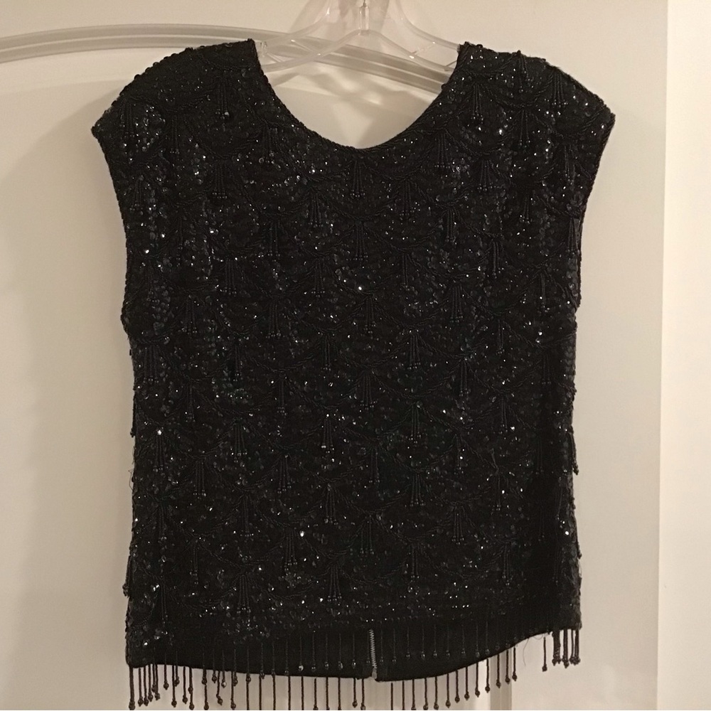 Black Sequin Embellished Blouse with Tassel Hem